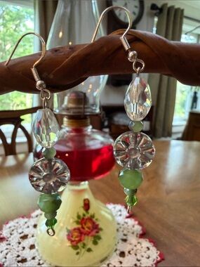 Green and Clear Beaded Drop Earrings with Floral Crystal Accents